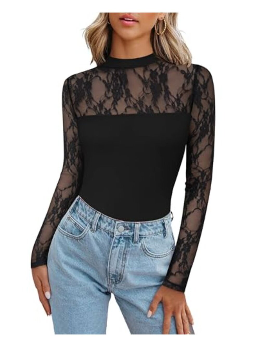 Women's Long Sleeve Sheer Mesh Lace Top Slim Fit Blouse
